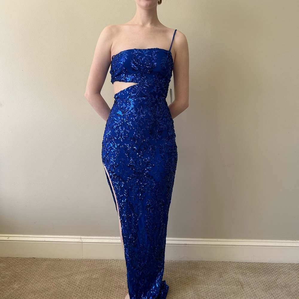 Blue Sequin Cutout Prom Dress
